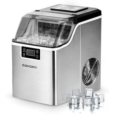 EUHOMY roestvrijstalen ijsblokjesmachine, 24 ijsblokjes in 13 minuten, 24 kg/24 u, zelfreinigend 3,2 liter ijsblokjesapparaat met ijslepel en mandje,