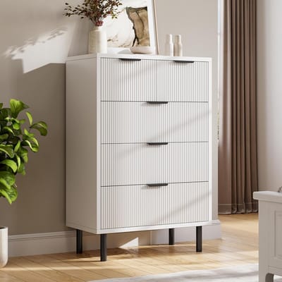 Witte Ladekast met 5 Lades - Geribbeld (Fluted) Design Dressoir - Opbergkast met Zwarte Handgrepen en Metalen Poten - Voor Slaapkamer & Woonkamer - Incl. Kantelbeveiliging