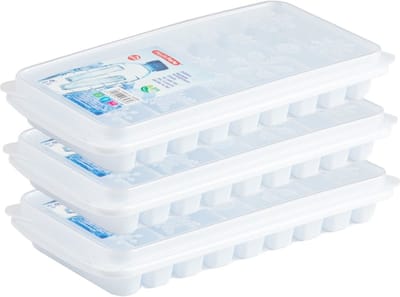 Plasticforte flessenhals ijsblokjes tray - 3x stuks - 10 vaks - staafjes - wit - kunststof - deksel