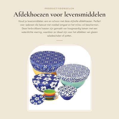 Dailygoods- Afdekhoezen Herbruikbaar - Stof met Waterdichte Voering - Elastische Band - Blauwe Bloem - Maten XS t/m XL - Houdt Levensmiddelen Vers - Afdekkappen