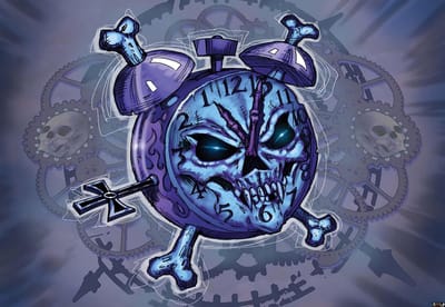 Fotobehang Alchemy Clock Skull Tattoo | XL - 208cm x 146cm | 130g/m2 Vlies
