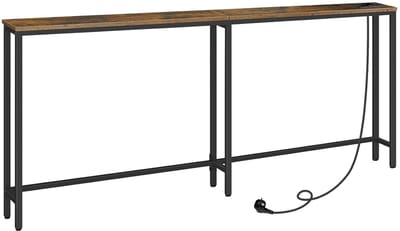 TRANKIELO® - Slanke Consoletafel met Ingebouwde Stekkerdoos – Rustiek Bruin en Zwart – Ideaal voor Hal en Entree