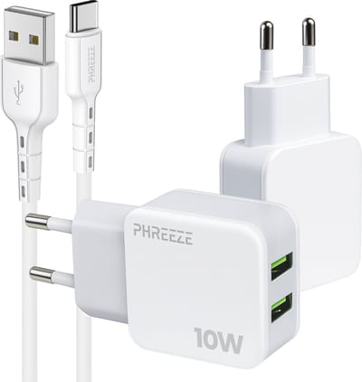 Usb lader 2 poorten - Dubbele usb adapter - Met usb C naar usb A kabel - 1m oplaadkabel - 10w oplader voor telefoon tablet koptelefoon accessoires