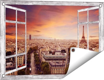 Gards Tuinposter Doorkijk Skyline Parijs met Eiffeltoren - 60x40 cm - Tuindoek - Tuindecoratie - Wanddecoratie buiten - Tuinschilderij