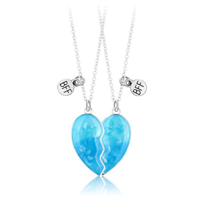 Bixorp Friends BFF Ketting voor 2 met GLOW IN THE DARK Hartje Blauw - Zilverkleurig - Vriendschapsketting Cadeau