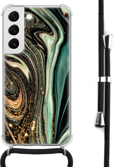 Hoesje met koord geschikt voor Samsung Galaxy S22 - Magic marble - Inclusief koord - Crossbody beschermhoes - Transparant, Groen - Mooie Telefoonhoesjes