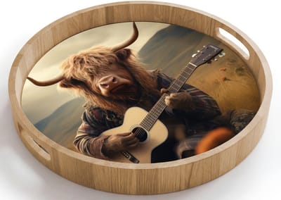 Dienblad rond 40x40 cm - Schootdienblad hout - Schotse hooglander - Gitaar - Bloemen - Bergen - Borrelplank rechthoek - Plateau houten dienbladen