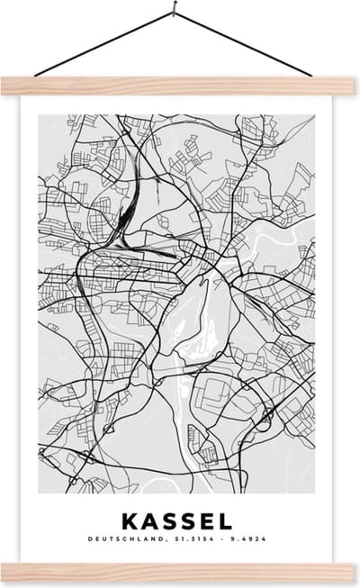 Posterhanger incl. Poster 40x60 cm - Schoolplaat - Kassel - Kaart- Duitsland - Stadskaart - Plattegrond - Textielposter - Blanke latten - Stadskaart