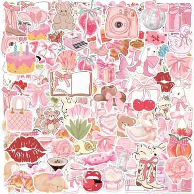 Schattige Roze Stickers voor Scrapbooking en Cadeaupakketten | Waterdichte Vinyl Stickers voor Laptop, Flessen en Aesthetische Decoratie | 100 Stuks met Dieren en Strikken