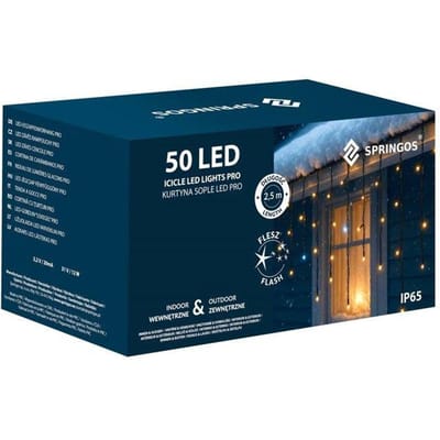 Springos Lichtgordijn | IJspegel Verlichting | 50 LEDs | Koud wit + Koud wit flits | 2,5 M