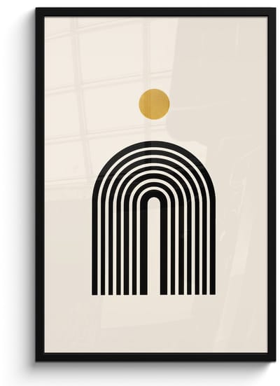 Poster in lijst - Fotolijst 60x90 cm - Posters - Minimalistisch - Zwarte boog - Gouden cirkel - Posterlijst zwart - Decoratie - Wanddecoratie woonkamer - Muurdecoratie slaapkamer