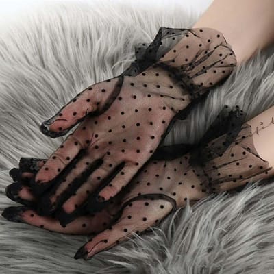 Gants en Maille Gaze Ultra Fins pour Femmes Courts Dentelle Tulle Transparent Noir Blanc Pois Mitaines Lâches Gants à Doigts Entiers One Size gray