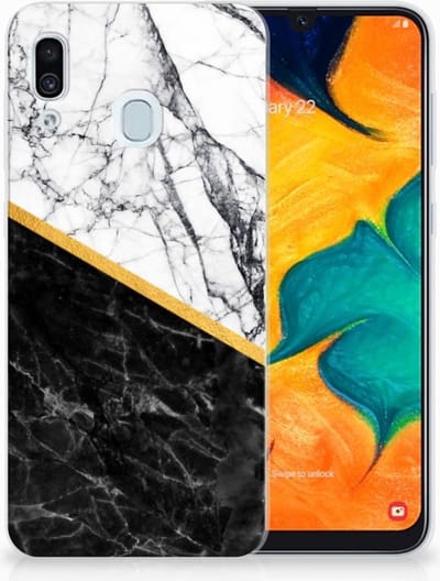 Samsung Galaxy A30 TPU Siliconen Hoesje Marmer Wit Zwart - Origineel Cadeau Man