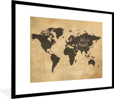 Poster in lijst - Fotolijst 80x60 cm - Posters - Wereldkaart - Reizen - Vintage - Posterlijst zwart - Decoratie - Wanddecoratie woonkamer - Muurdecoratie slaapkamer