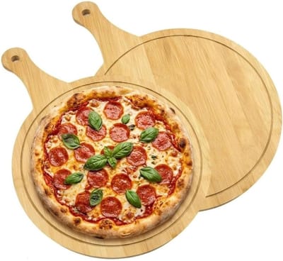 Ronde Houten Pizza Platen Set van 2, 30 cm, Ideaal voor Snijden en Serveren van Pizza, Brood en Kaas met Handvat en Groeven