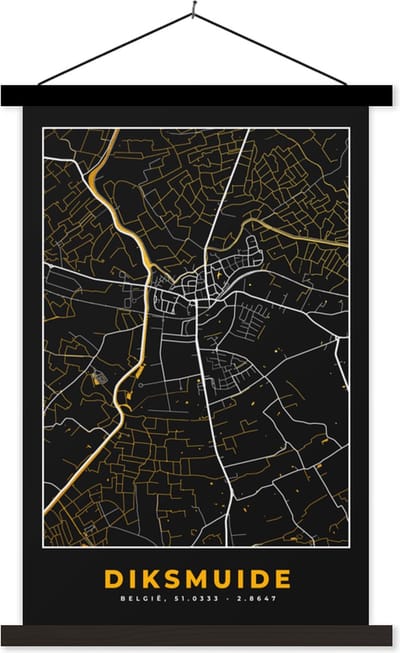 Posterhanger incl. Poster 40x60 cm - Schoolplaat - Stadskaart - Plattegrond - Diksmuide - Goud - Kaart - Textielposter - Zwarte latten - Stadskaart
