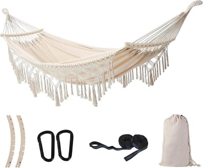 Hangen Schommel Dubbele Hangmat tot 500 kg - Macrame voor Binnen, Buiten en Tuin (Beige)