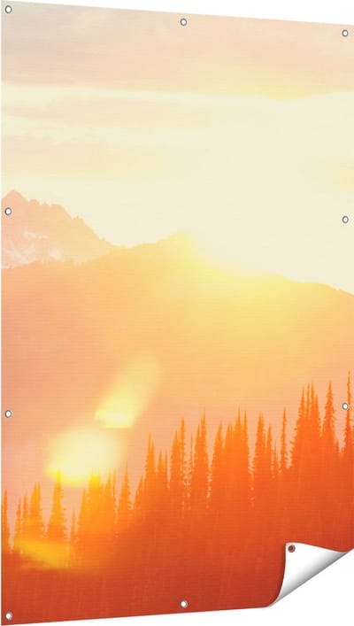 Gards Tuinposter Zonsondergang in het Bos - 100x150 cm - Tuindoek - Tuindecoratie - Wanddecoratie buiten - Tuinschilderij