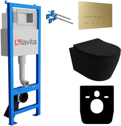 LAVITA® Inbouwreservoir Complete Toiletset LAV 101 - Inbouw WC Hangtoilet Wandcloset PRAIA BLACK Zwart Mat - Bedieningsplaat 200.3.5 Gouden - Voorwandelement voor toilet 40cm - Installatiesysteem
