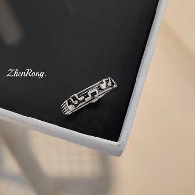 Retro Persoonlijkheid Vijflijnig Notenbalk Muzieknoot Koppelring Voor Mannen Vrouwen Roestvrij Staal Verstelbare Opening Vingerring Sieraden resizable black