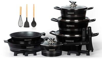 Royalty Line® ES1014 Pannenset Inductie - 17 Delige Pannensets - Pan Met Afneembare Handvaten - Oven Bestendig - Pannen Voor Alle Warmtebronnen - Antiaanbaklaag zonder PFOA & PTFE - Zwart