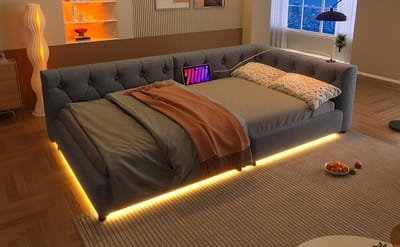 Slaapbank - Daybed - Dagbed - 90x200cm - Slaapbank met lattenbodem (zonder matras) - Sfeerverlichting met afstandsbediening - Hoofdbord met knoptufting - USB+Type-C - Linnen - Grijs