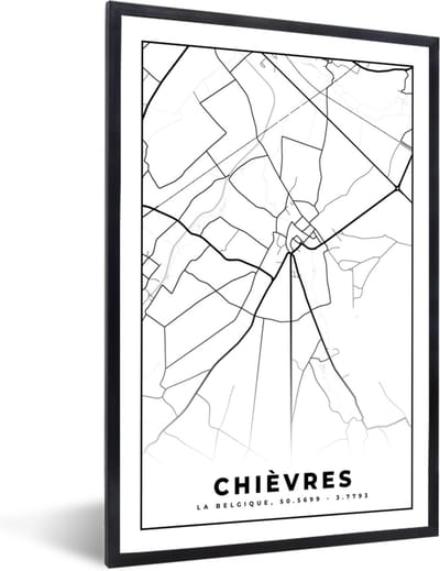 Fotolijst incl. Poster Zwart Wit- Kaart – Plattegrond – Stadskaart – Chièvres – België – Zwart Wit - 40x60 cm - Posterlijst