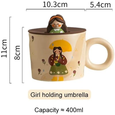 Leuke retro mok van 400 ml met deksel, keramische koffiebeker, gepersonaliseerd cadeau voor een verjaardag, ontbijt, melkbeker, kantoorbeker, thuisbeker, waterbeker voor stellen 301-400ml beige