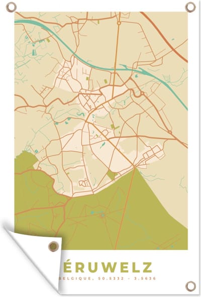 Muurdecoratie Stadskaart - Retro - Péruwelz - Kaart - Plattegrond - 120x180 cm - Tuinposter - Tuindoek
