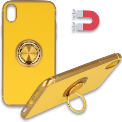 HB Hoesje Geschikt voor Apple iPhone XR - Geel - Siliconen Back Cover met Ring Kickstand - Geschikt voor Magneet Houders