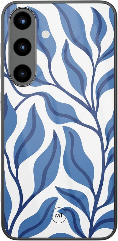 Hoesje geschikt voor Samsung Galaxy S25 - Blue leaves - Hard Case Zwart Back Cover - Print - Blauw - Mooie Telefoonhoesjes