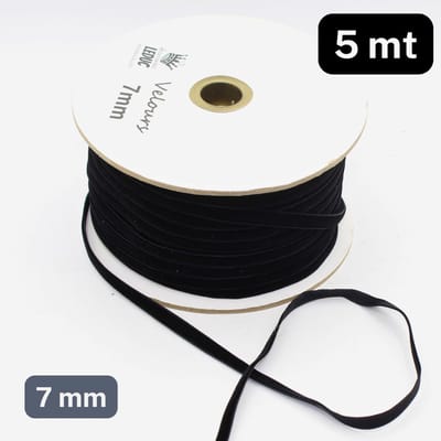 5 Meter ENKELZIJDIG FLUWEEL LINT / VELOURSLINT, Breedte 7MM, Franse Kwaliteit, Kleur ZWART