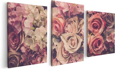 Artaza Canvas Schilderij Drieluik Roze Rozen Achtergrond - Retro - Bloemen - 120x60 cm - Wanddecoratie Woonkamer - Schilderijen - Muurdecoratie