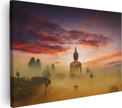 Artaza Canvas Schilderij Boeddha Standbeeld - 30x20 cm - Klein - Wanddecoratie Mist - Muurdecoratie Spiritueel - Kamer Accessoires Woonkamer