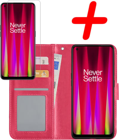 Hoesje Met Screenprotector - Geschikt voor OnePlus Nord CE 2 - Luxe Pasjeshouder - Bookcase Portemonee - Flip Case - Kunstleer Book Case - Flipcase - Book Cover - Walletcase - Portemonneehoes - Donkerroze