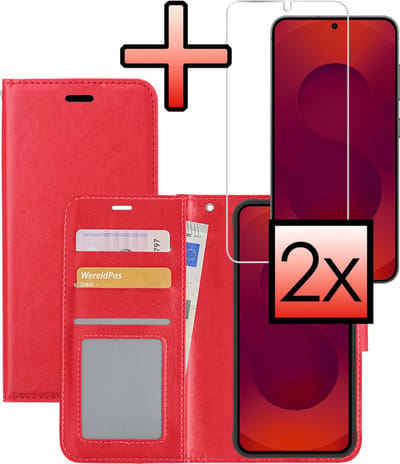 Hoesje - Met 2x Screenprotector - Geschikt voor Samsung Galaxy S25 - Luxe Pasjeshouder - Bookcase Portemonee - Flip Case - Kunstleer Book Case - Flipcase Hoes - Book Cover - Walletcase - Portemonneehoes - Rood