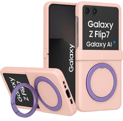 Hoesje met Ringhouder geschikt voor Samsung Galaxy Z Flip7 – Geschikt voor MagSafe – Draaibare Kickstand – Draadloos Opladen – Roze