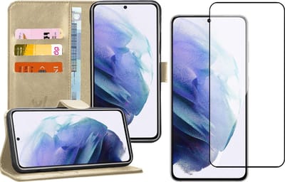 Hoesje geschikt voor Samsung Galaxy S21 Plus - Screen Protector FullGuard - Book Case Kunstleer Pasjeshouder Goud & Screenprotector