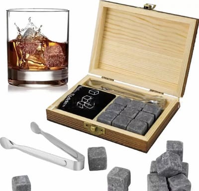 ZYLARO Whiskey Stones Set - 9 stuks - Herbruikbare IJsblokjes - Inclusief ijsclips, opbergtas en elegante houten verpakking