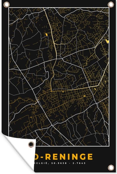 Muurdecoratie Kaart - Lo-Reninge - Zwart - Stadskaart - Plattegrond - 120x180 cm - Tuinposter - Tuindoek