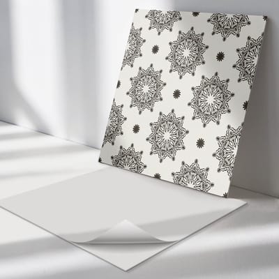 Wallfluent Vinyl Tegels - Mandalapatroon in Raster Vinyl Tegels Zelfklevend - 30 cm x 30 cm - Zwart PVC Tegels - 9 stuks - Vierkant PVC Tegels - Patroon Plaktegels - Zelfklevende Vinyltegels - Plaktegels Keuken en Badkamer