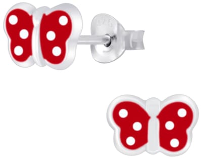 Joy|S - Zilveren vlinder oorbellen - rood met witte stipjes