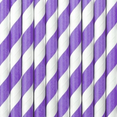 Partydeco drinkrietjes gestreept - van papier - paars/wit - 10x stuks - verjaardag drinkrietjes - 19 cm
