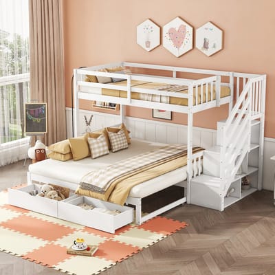 MODFU Stapelbed 90x200 cm van grenenhout en MDF, wit, met uitschuifbed en lades