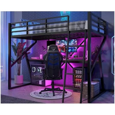 ModernLuxe Mezzaninebed 90x200 cm - metalen frame - met LED-verlichting - met oprit + ladder - met bureau - zwart