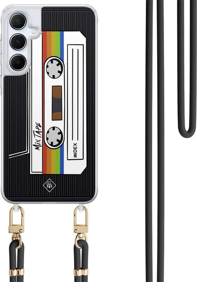 Casimoda® hoesje met koord - Geschikt voor Samsung A35 - Cassette Mixtape - Afneembaar koord - TPU/polycarbonaat - Zwart