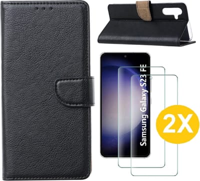 Hoesje Geschikt Voor Samsung Galaxy S23 FE hoesje bookcase Zwart Met screenprotector / 2X Beschermglas