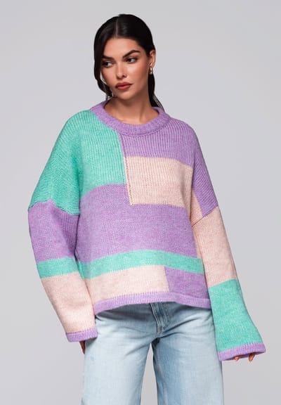 OMBRE Trui - Loose Fit - Geen Sluiting - Colorblock Lila / Mint ONESIZE