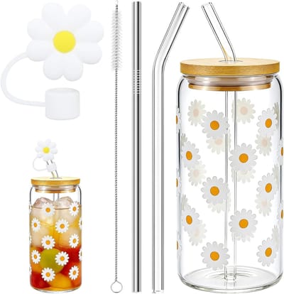 Dailygoods- Drinkglazen 400 ml - Tumbler met Deksel - Glazen Rietje - Bamboedeksel - Madeliefjes - Inclusief Reinigingsborstel