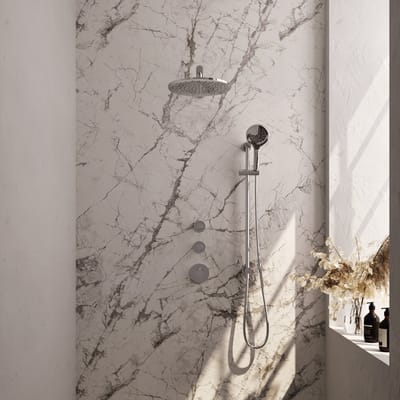 Brauer Chrome Carving thermostatische inbouw regendouche SET 20 met 30 cm douchekop en rechte muurarm en 3-standen handdouche en doucheslang en geïntegreerde glijstang chroom